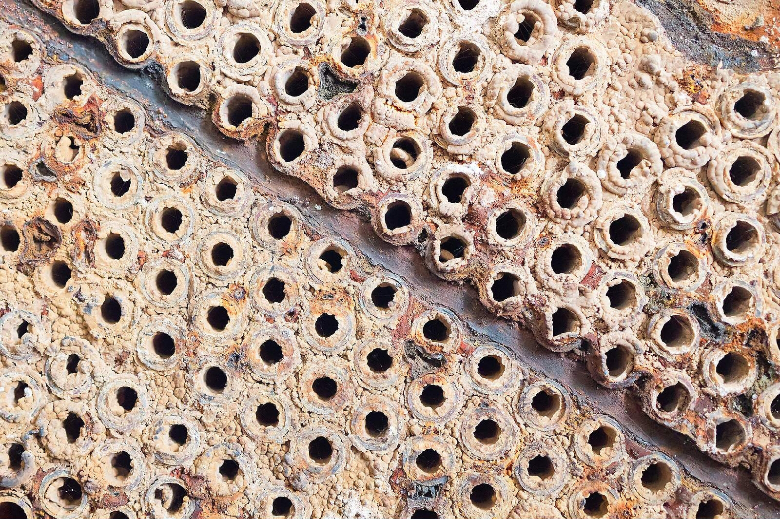 tube-sheet-plate-heat-exchanger-boiler-closeup-texture-macro-diagonal-background-full-insoluble-hard-mineral-deposits-salts-185007930